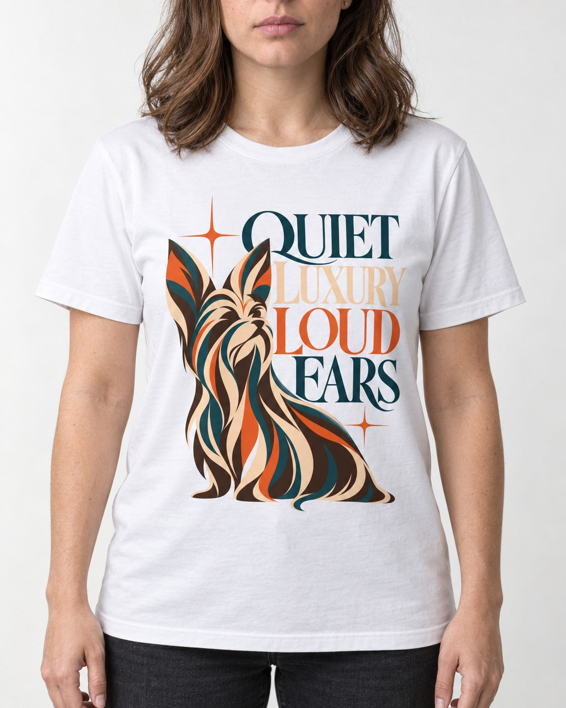Quiet Luxury Loud Ears Yorkshire Terrier T-Shirt in White, worn by a model, front view