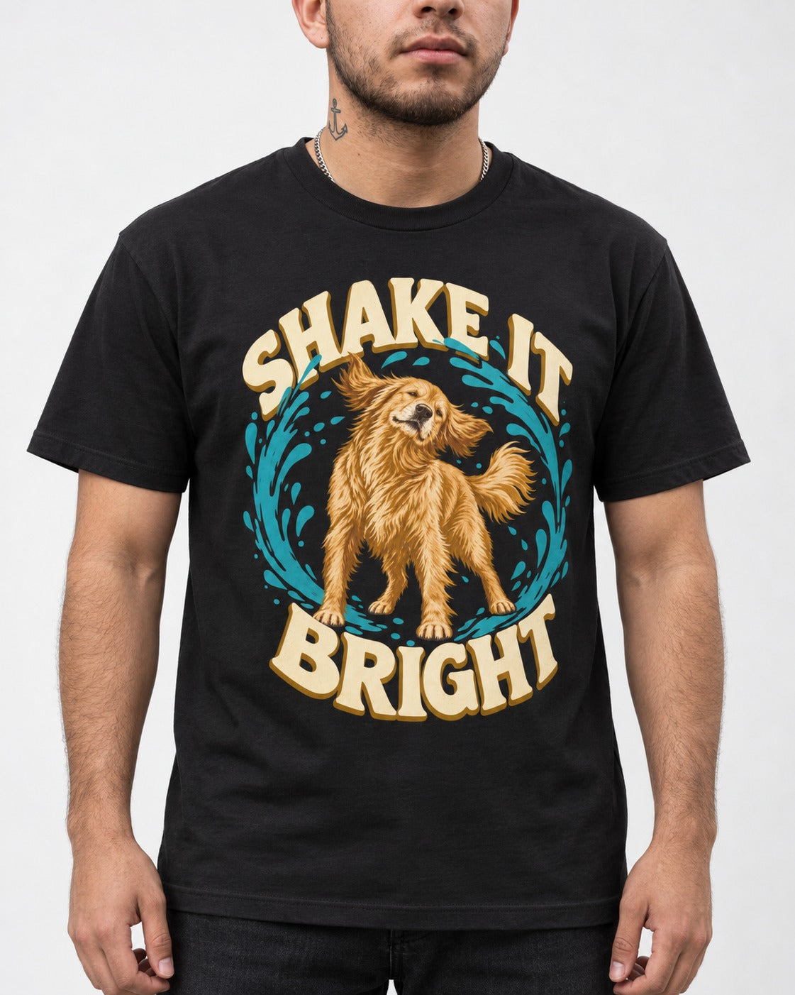 Golden Retriever Shake It Bright Water Ring Graphic T-Shirt in Black, worn by a model, front view