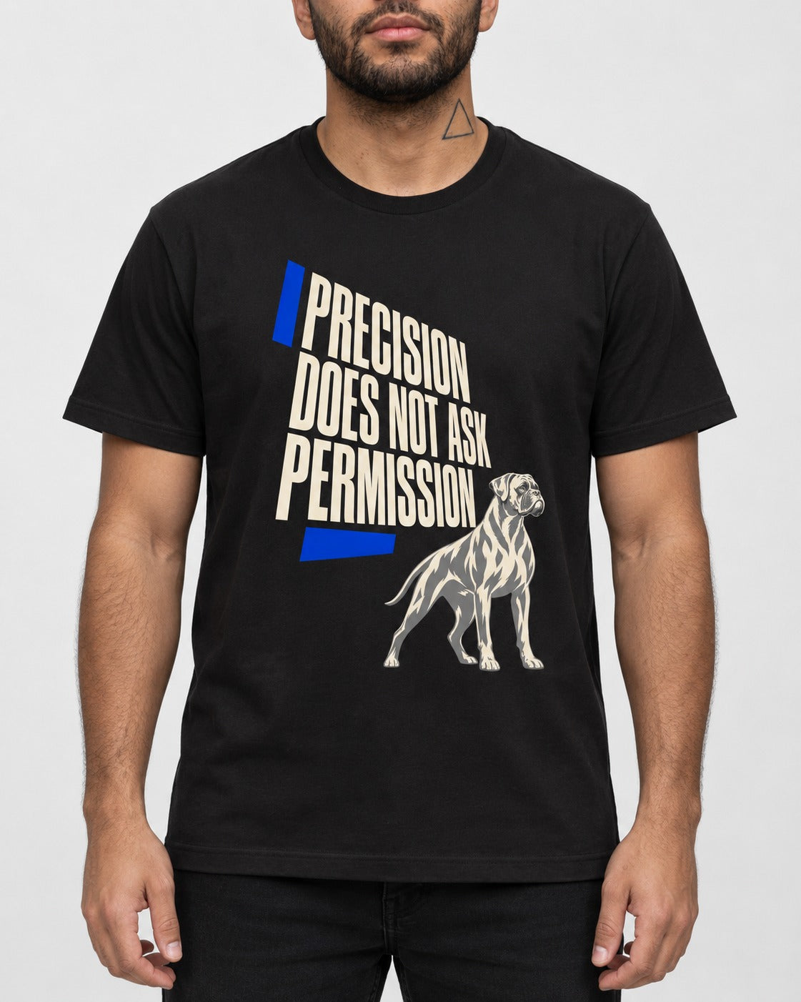 Precision Does Not Ask Permission Boxer T-Shirt in Black, worn by a model, front view