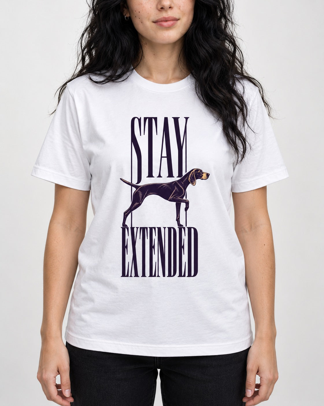 Stay Extended German Shorthaired Pointer T-Shirt in White, worn by a model, front view