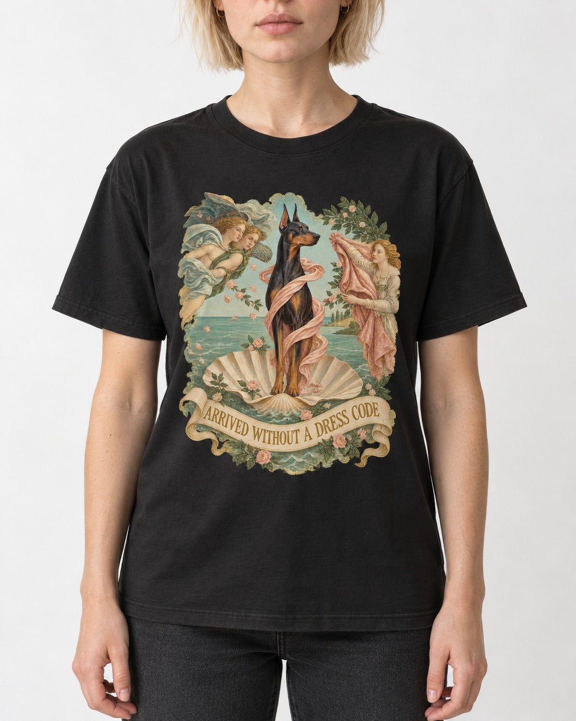 Doberman Arrived Without a Dress Code Renaissance Graphic T-Shirt in Black, worn by a model, front view