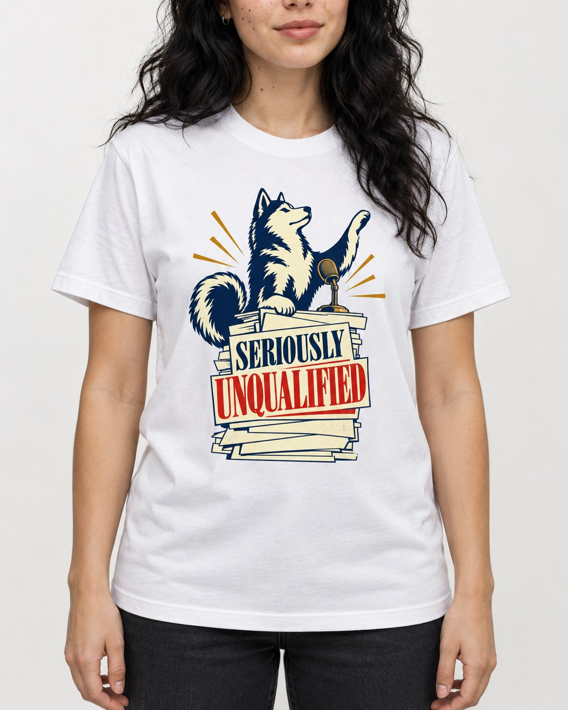 Seriously Unqualified Husky T-Shirt in White, worn by a model, front view