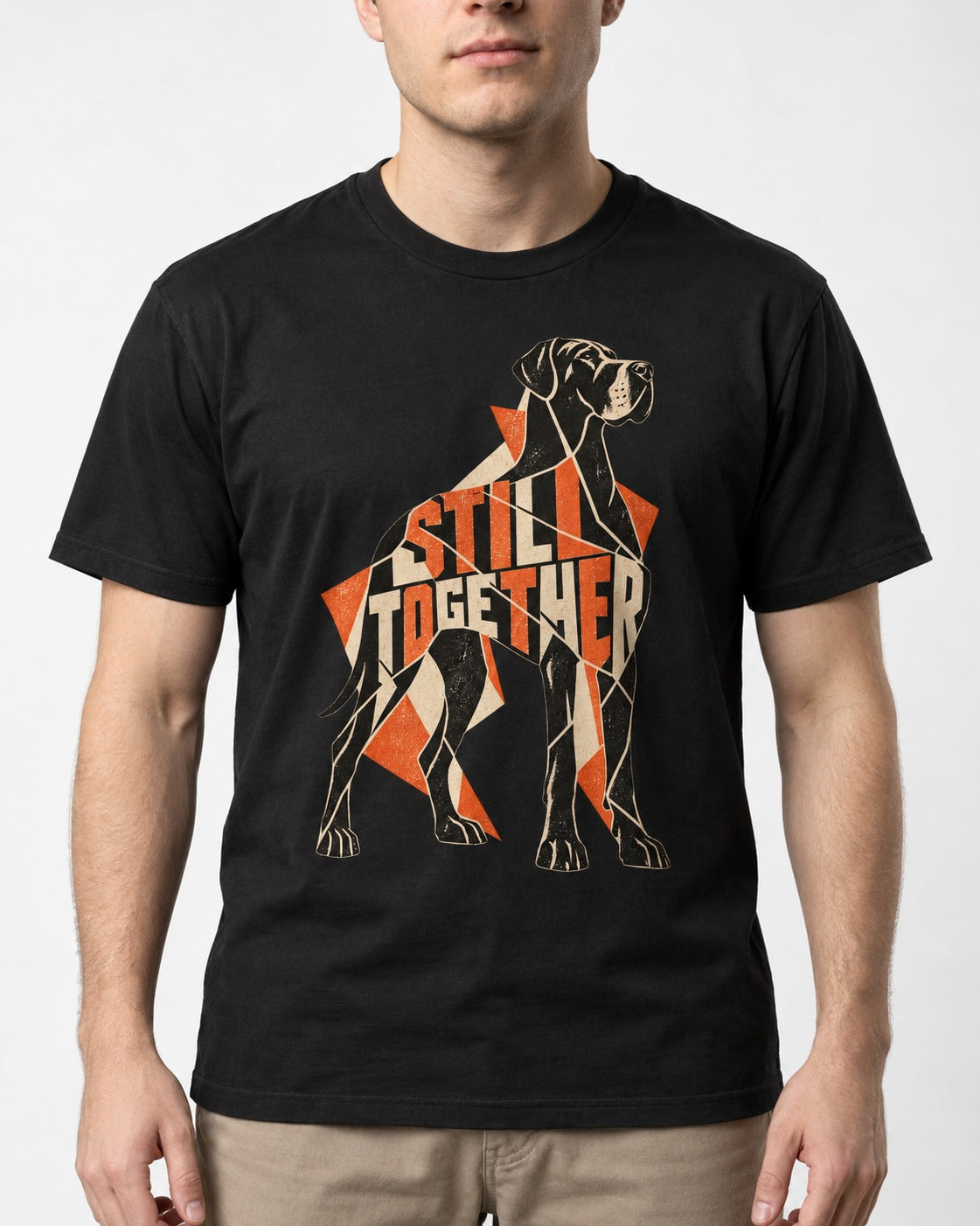 Great Dane Still Together Geometric Mosaic Graphic T-Shirt in Black, worn by a model, front view