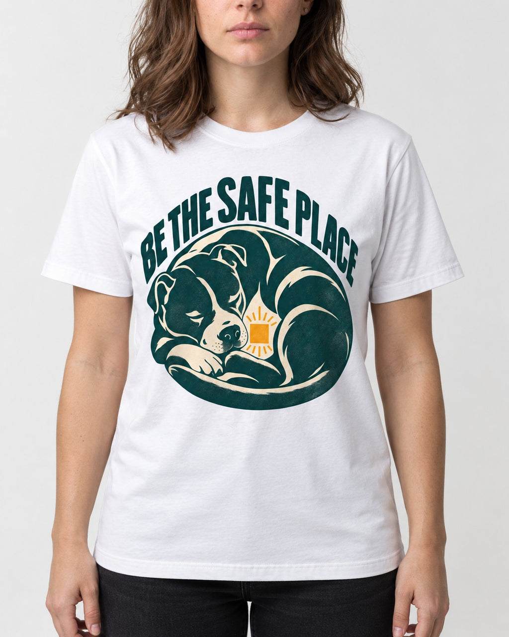 Pitbull Safe Place T-Shirt in White, worn by a model, front view