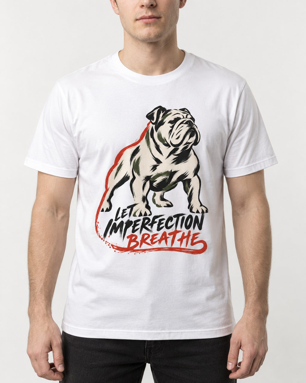 Let Imperfection Breathe English Bulldog T-Shirt in White, worn by a model, front view