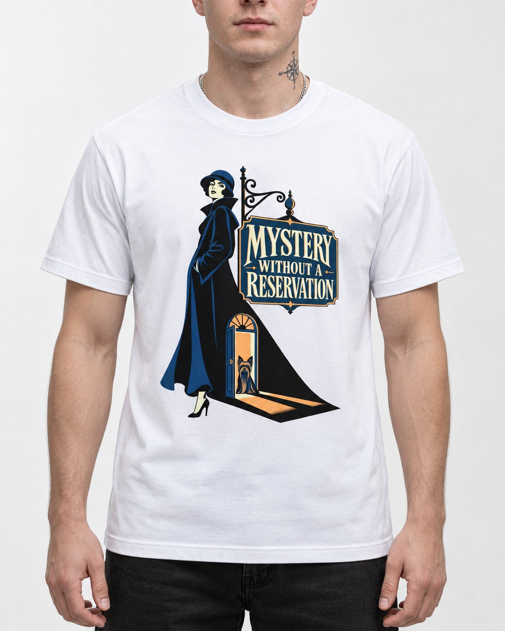 Mystery Without a Reservation Yorkshire Terrier T-Shirt in White, worn by a model, front view