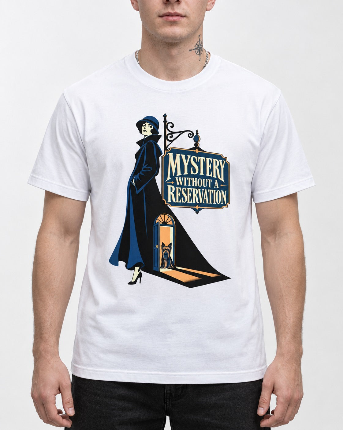 Mystery Without a Reservation Yorkshire Terrier T-Shirt in White, worn by a model, front view