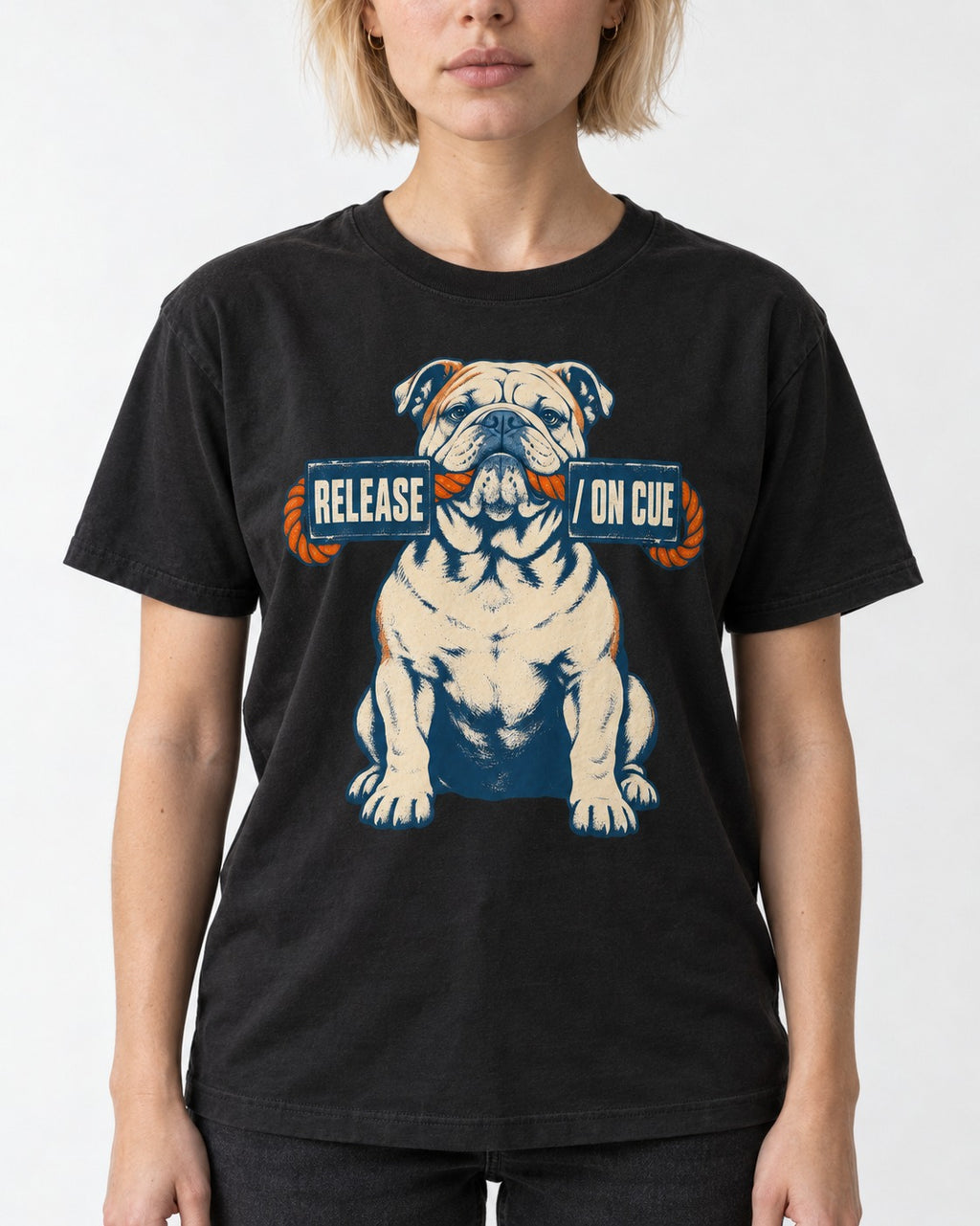 English Bulldog Release on Cue Rope Sign Graphic T-Shirt in Black, worn by a model, front view