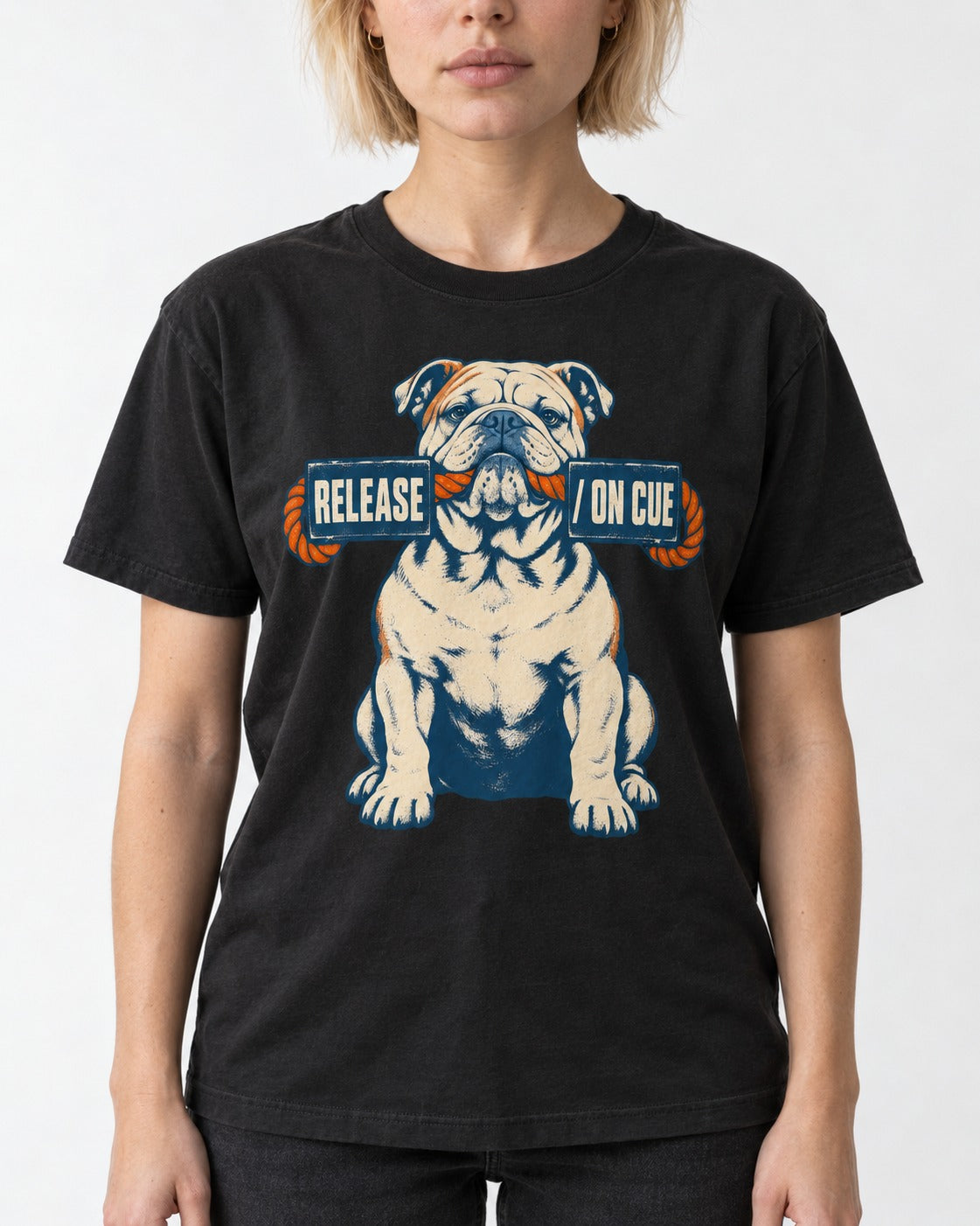 English Bulldog Release on Cue Rope Sign Graphic T-Shirt in Black, worn by a model, front view