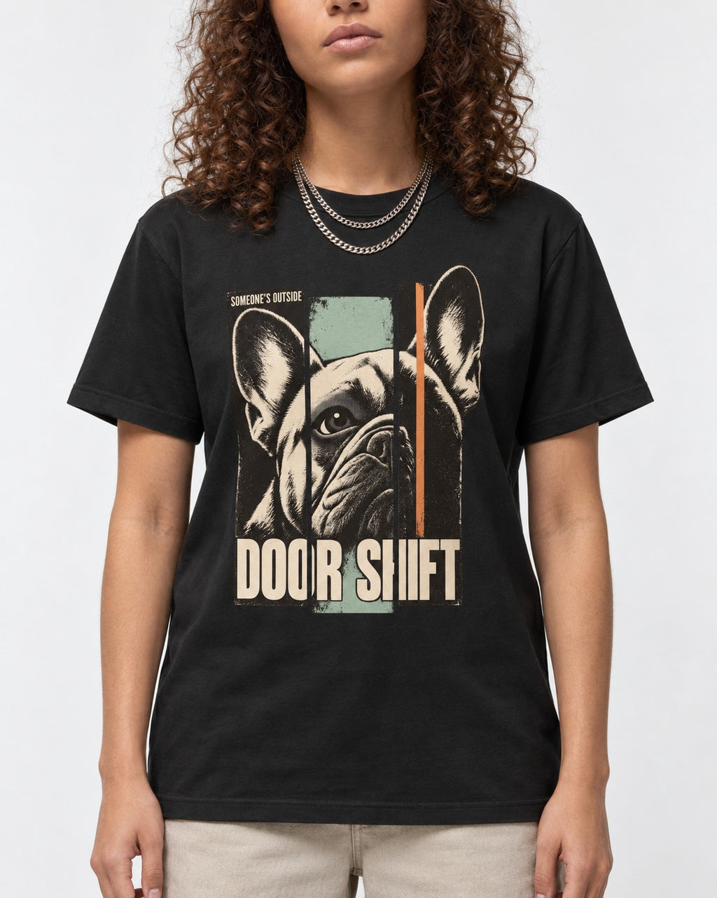 Frenchie Someone's Outside Door Shift Graphic T-Shirt in Black, worn by a model, front view