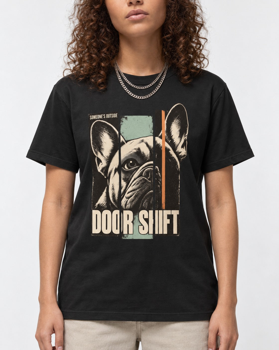 Frenchie Someone's Outside Door Shift Graphic T-Shirt in Black, worn by a model, front view
