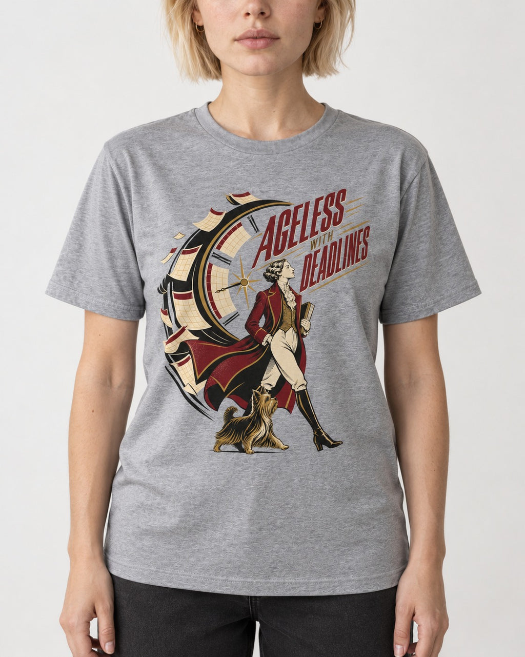 Yorkshire Terrier Ageless with Deadlines Calendar Clock Graphic T-Shirt in Sport Grey, worn by a model, front view