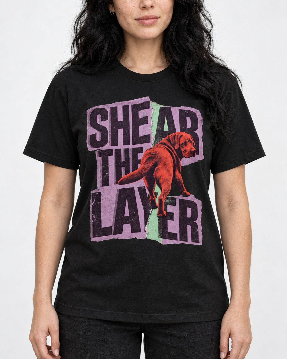Labrador Retriever Shear the Layer Torn Paper Graphic T-Shirt in Black, worn by a model, front view