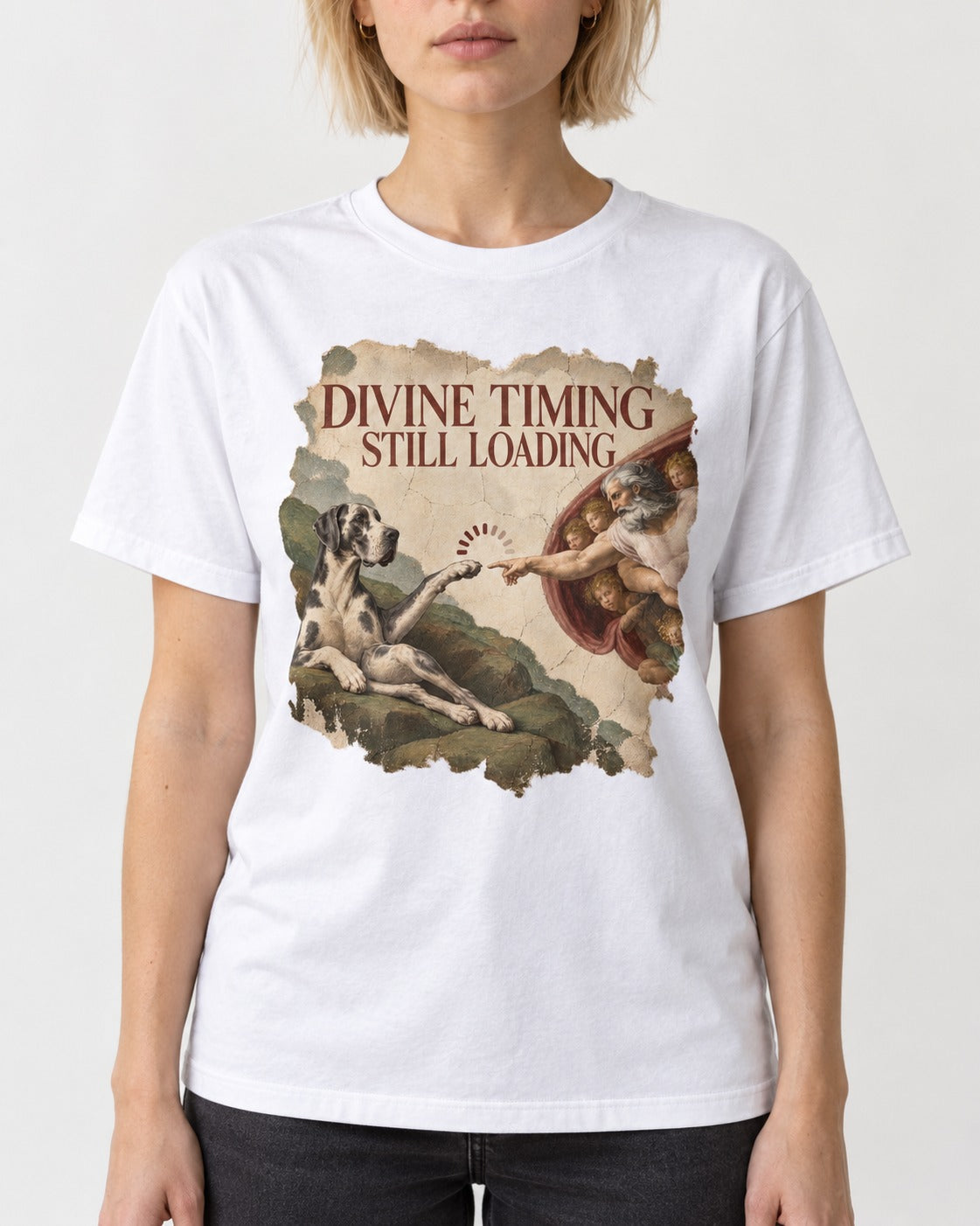 Great Dane Divine Timing Still Loading T-Shirt in White, worn by a model, front view