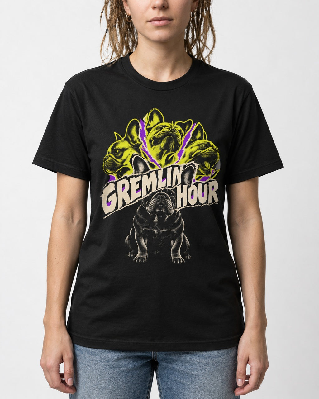 Frenchie Gremlin Hour Multi Portrait Graphic T-Shirt in Black, worn by a model, front view