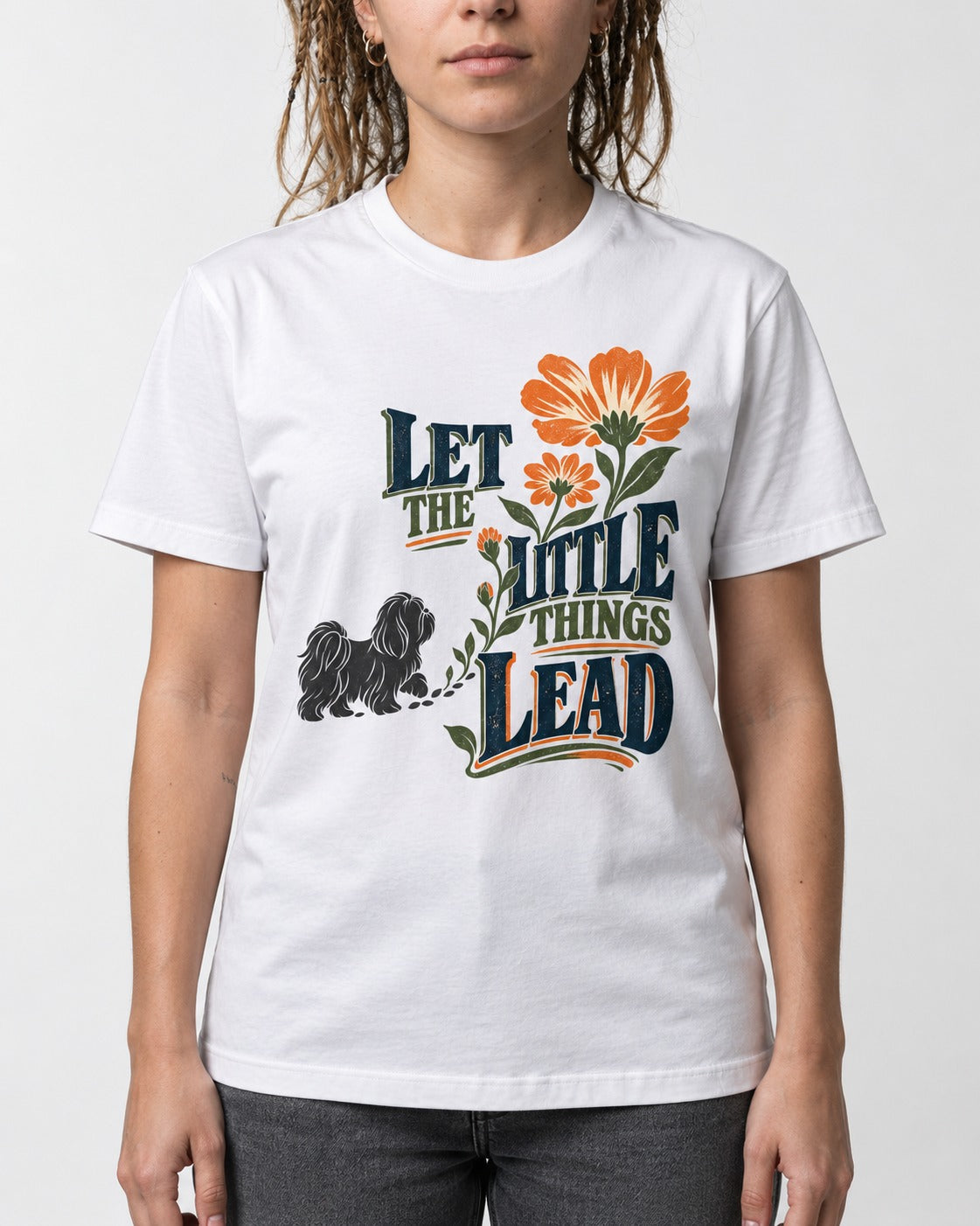 Let the Shih Tzu Lead T-Shirt in White, worn by a model, front view