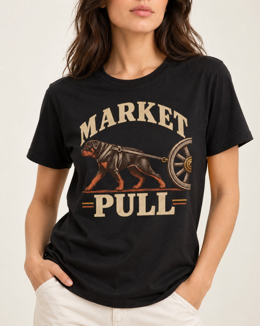 Market Pull Rottweiler Cart Harness Graphic T-Shirt in Black, worn by a model, front view