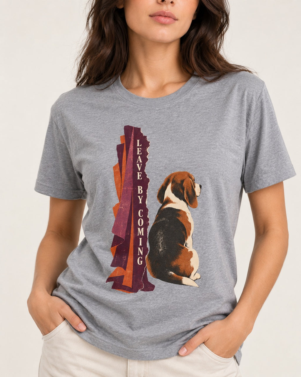 Leave By Coming Beagle Companion T-Shirt in Sport Grey, worn by a model, front view
