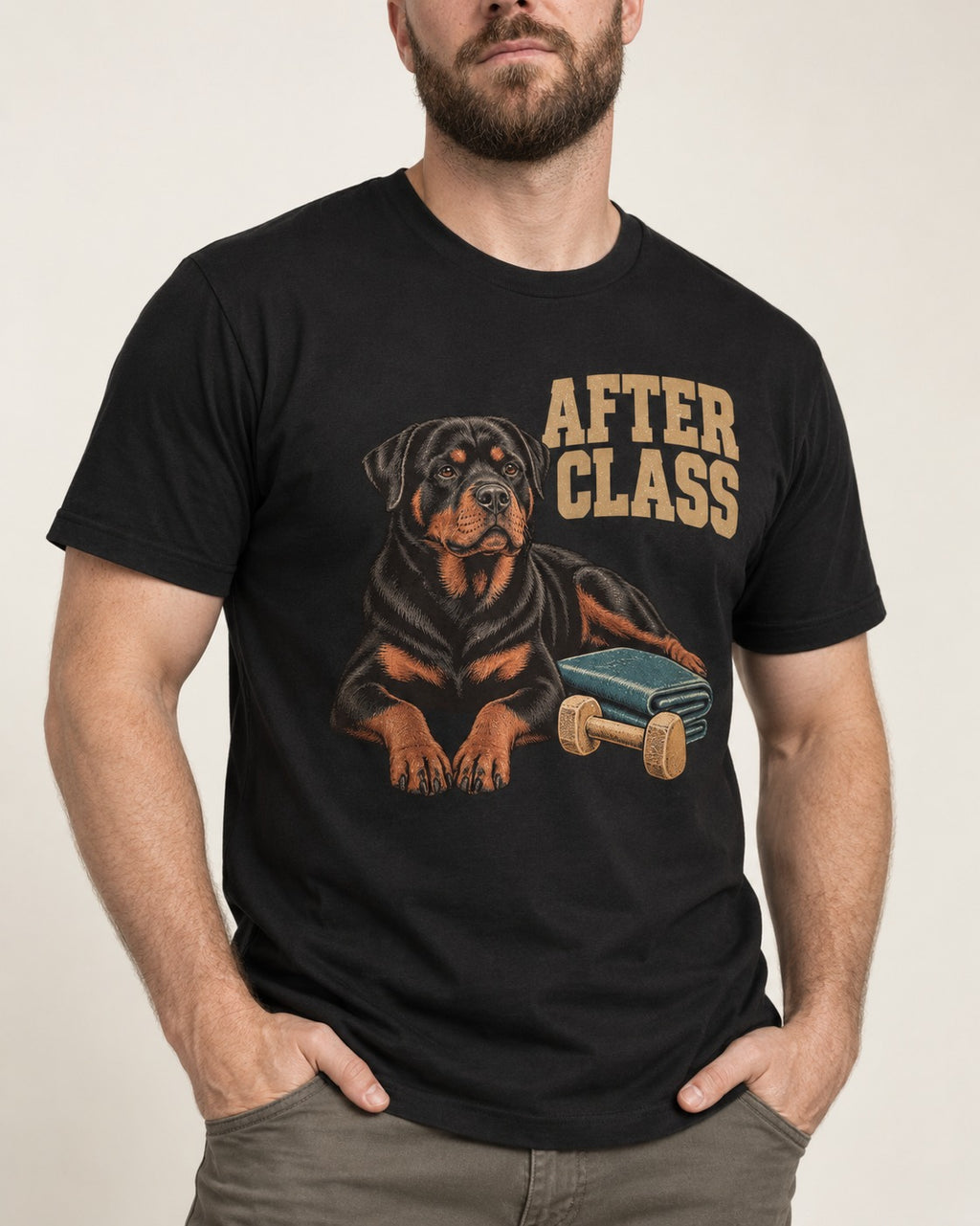 Rottweiler After Class Books and Dumbbell Graphic T-Shirt in Black, worn by a model, front view
