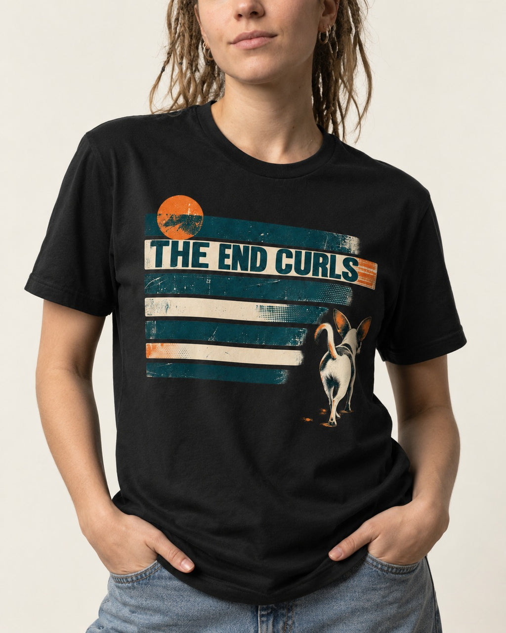Chihuahua The End Curls Retro Stripe Graphic T-Shirt in Black, worn by a model, front view