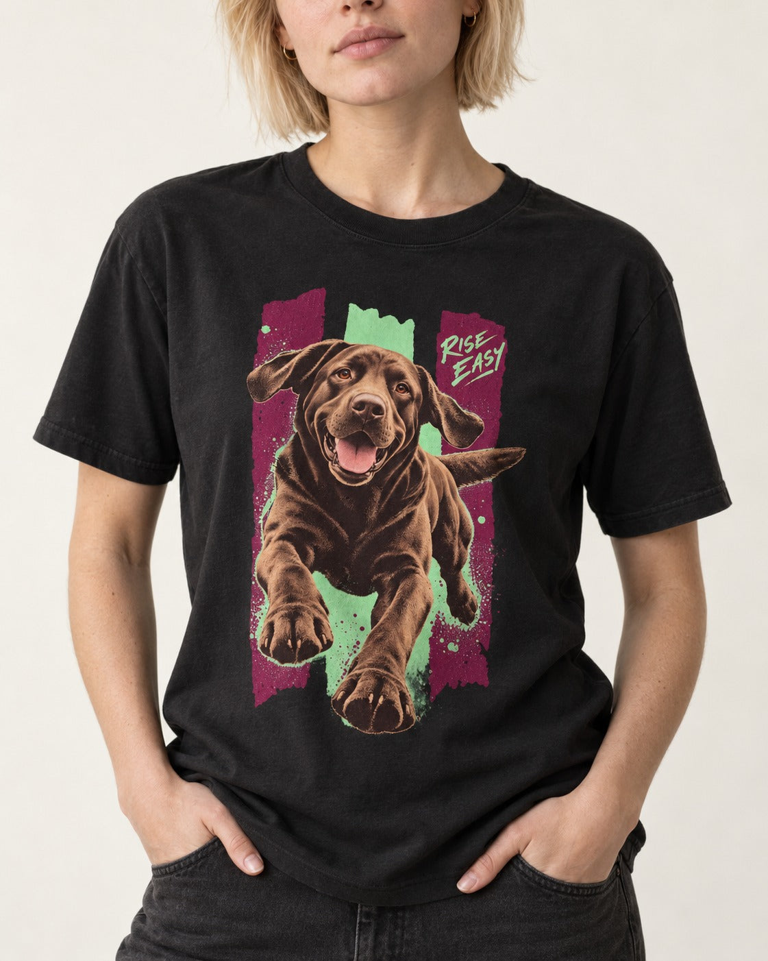 Labrador Retriever Rise Easy Running Chocolate Lab Graphic T-Shirt in Black, worn by a model, front view