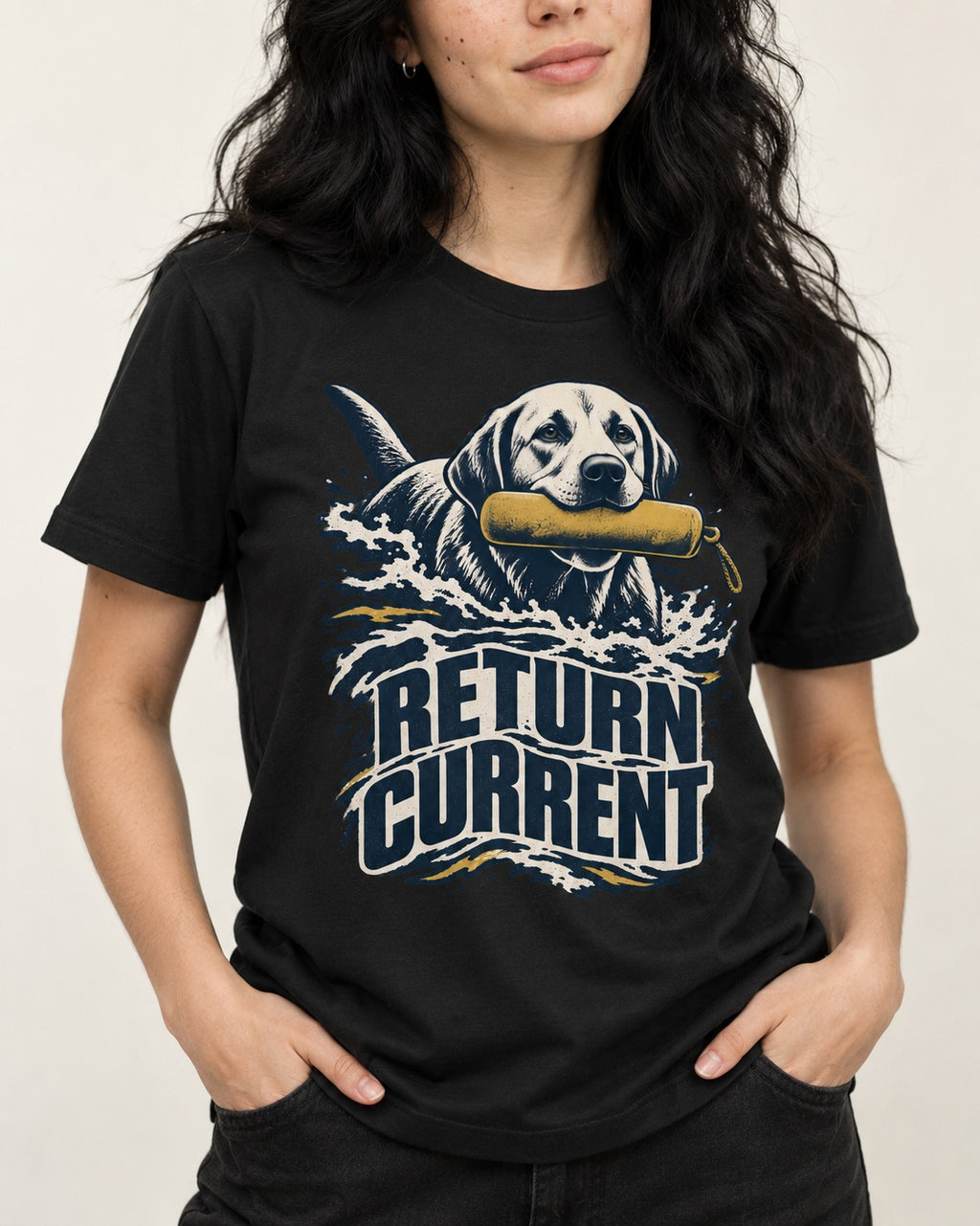 Return Current Water Retrieve Labrador Retriever Graphic T-Shirt in Black, worn by a model, front view