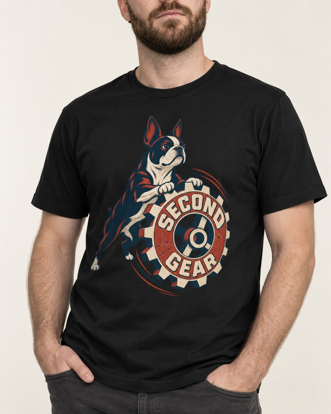 Second Gear Boston Terrier Graphic T-Shirt in Black, worn by a model, front view