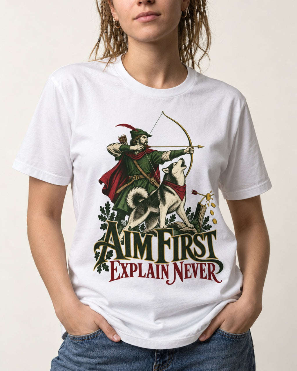Husky Aim First Explain Never T-Shirt in White, worn by a model, front view