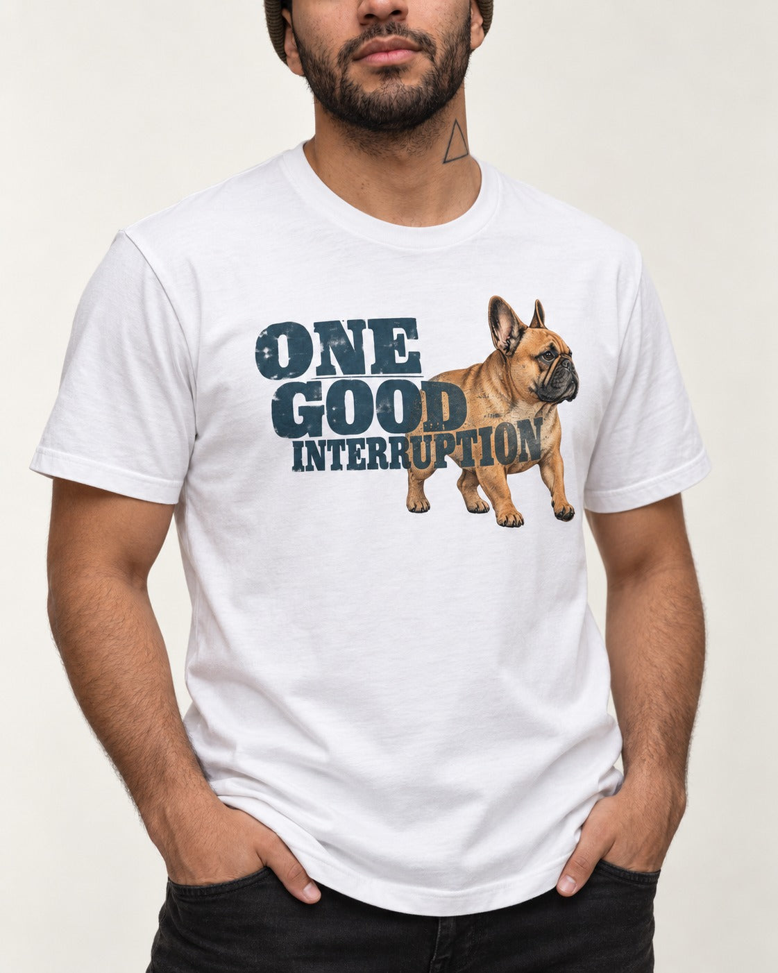 One Good Frenchie Interruption T-Shirt in White, worn by a model, front view