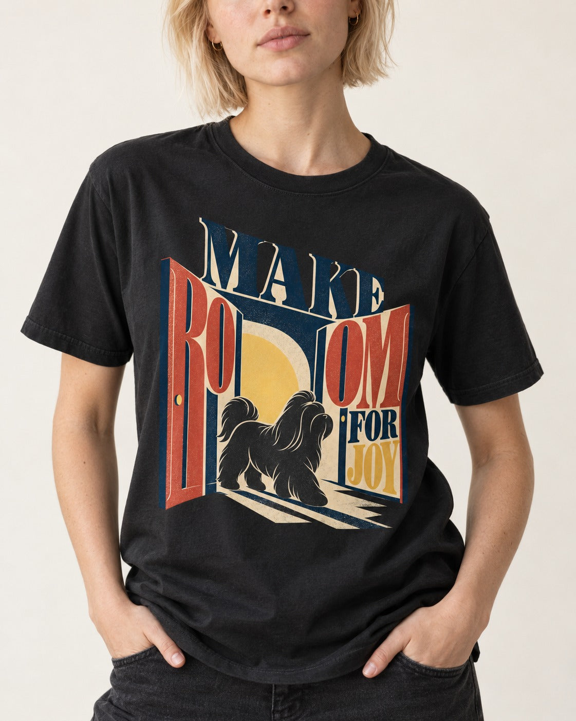Shih Tzu Make Room for Joy Doorway Graphic T-Shirt in Black, worn by a model, front view