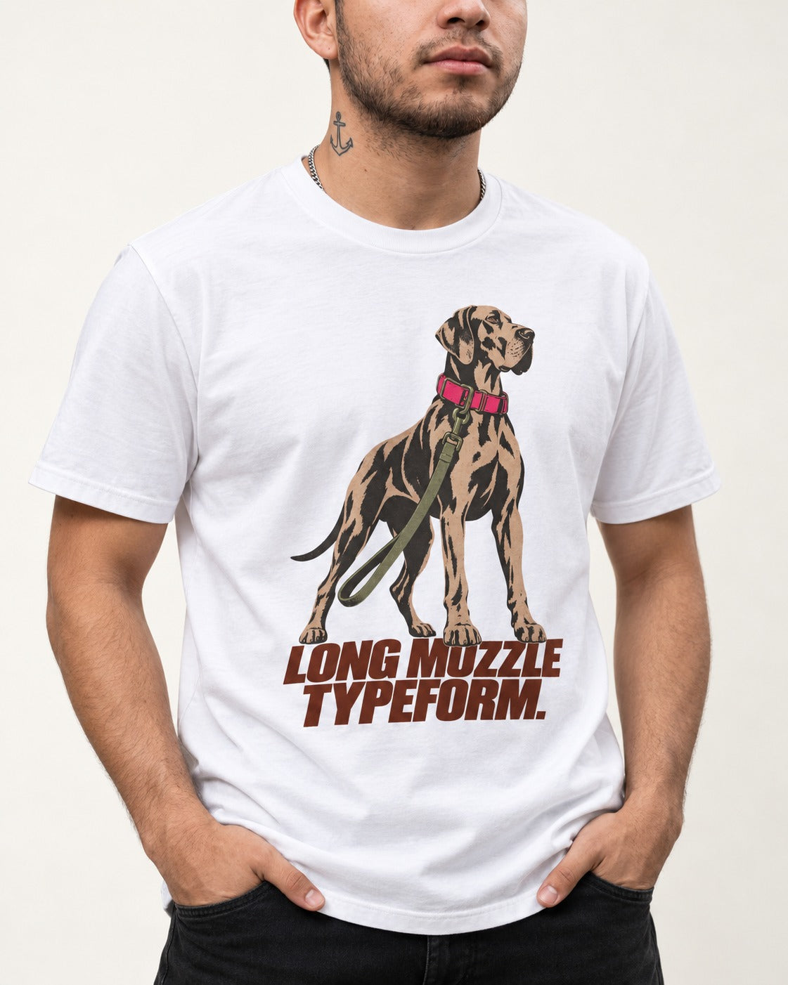 Long Muzzle Typeform Great Dane T-Shirt in White, worn by a model, front view