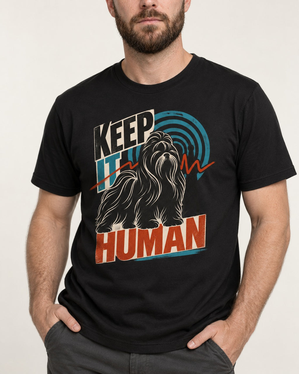 Shih Tzu Keep It Human Radio Signal Graphic T-Shirt in Black, worn by a model, front view