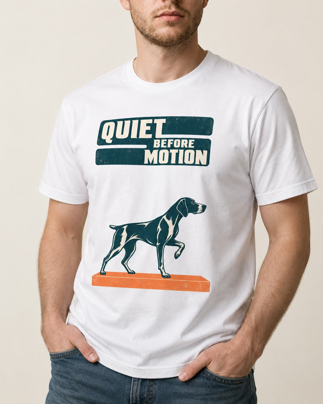 Quiet Before Motion German Shorthaired Pointer T-Shirt in White, worn by a model, front view