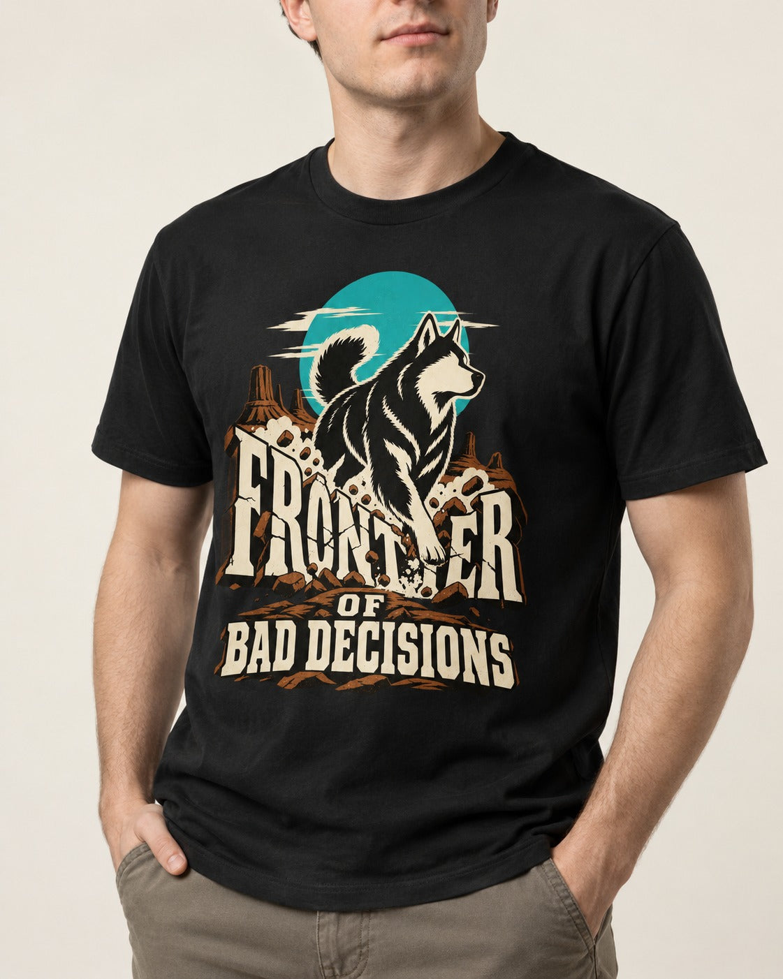 Husky Frontier of Bad Decisions Desert Graphic T-Shirt in Black, worn by a model, front view