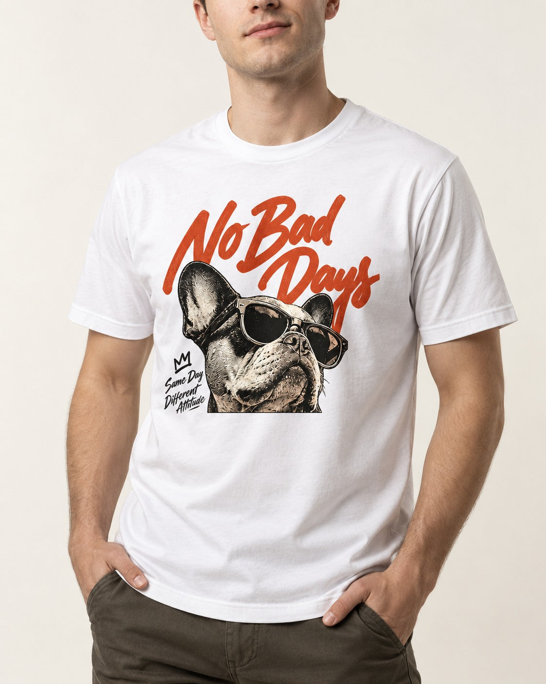 Frenchie No Bad Days T-Shirt in White, worn by a model, front view