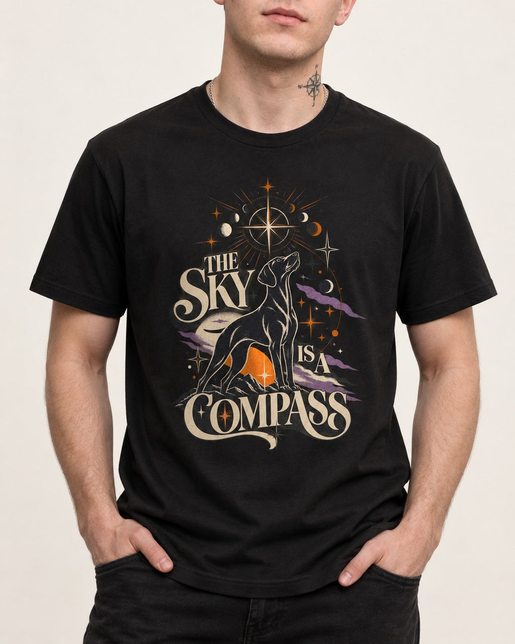 The Sky Is a Compass Celestial German Shorthaired Pointer Graphic T-Shirt in Black, worn by a model, front view