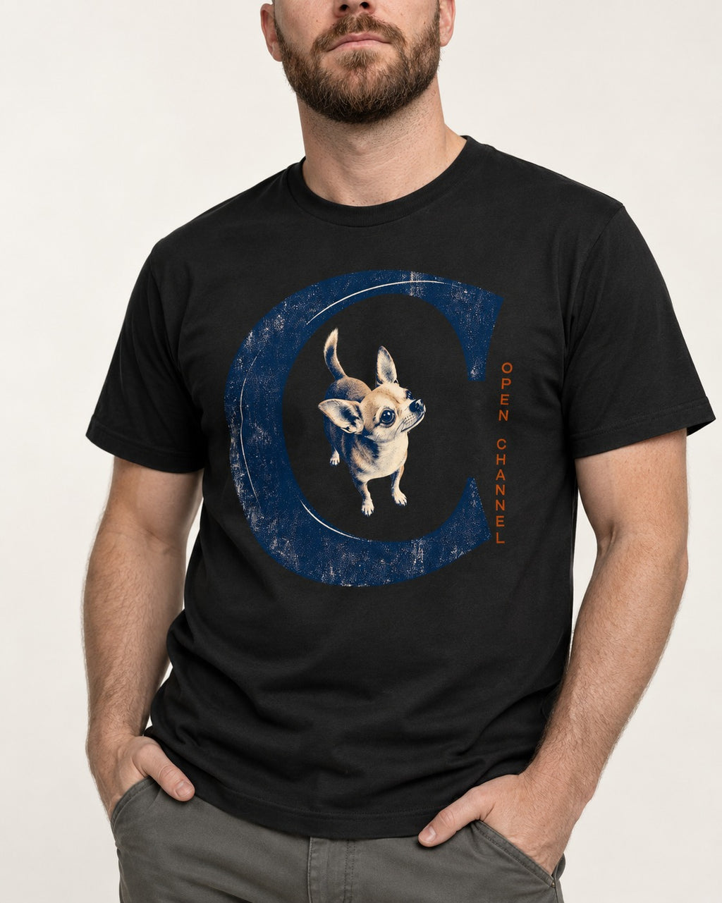 Chihuahua Open Channel T-Shirt in Black, worn by a model, front view