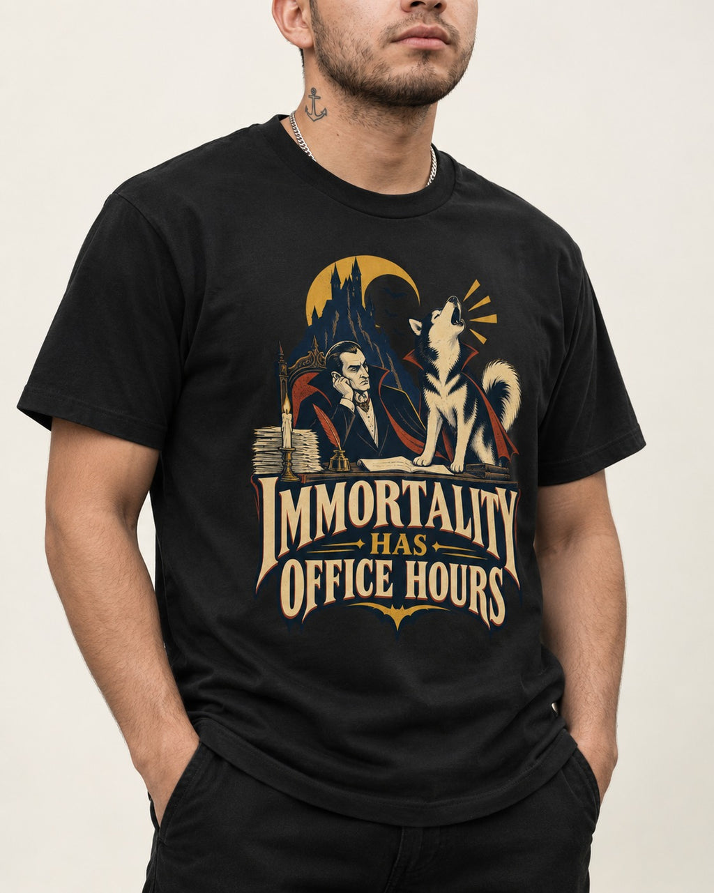Husky Immortality Has Office Hours Vampire Office Graphic T-Shirt in Black, worn by a model, front view