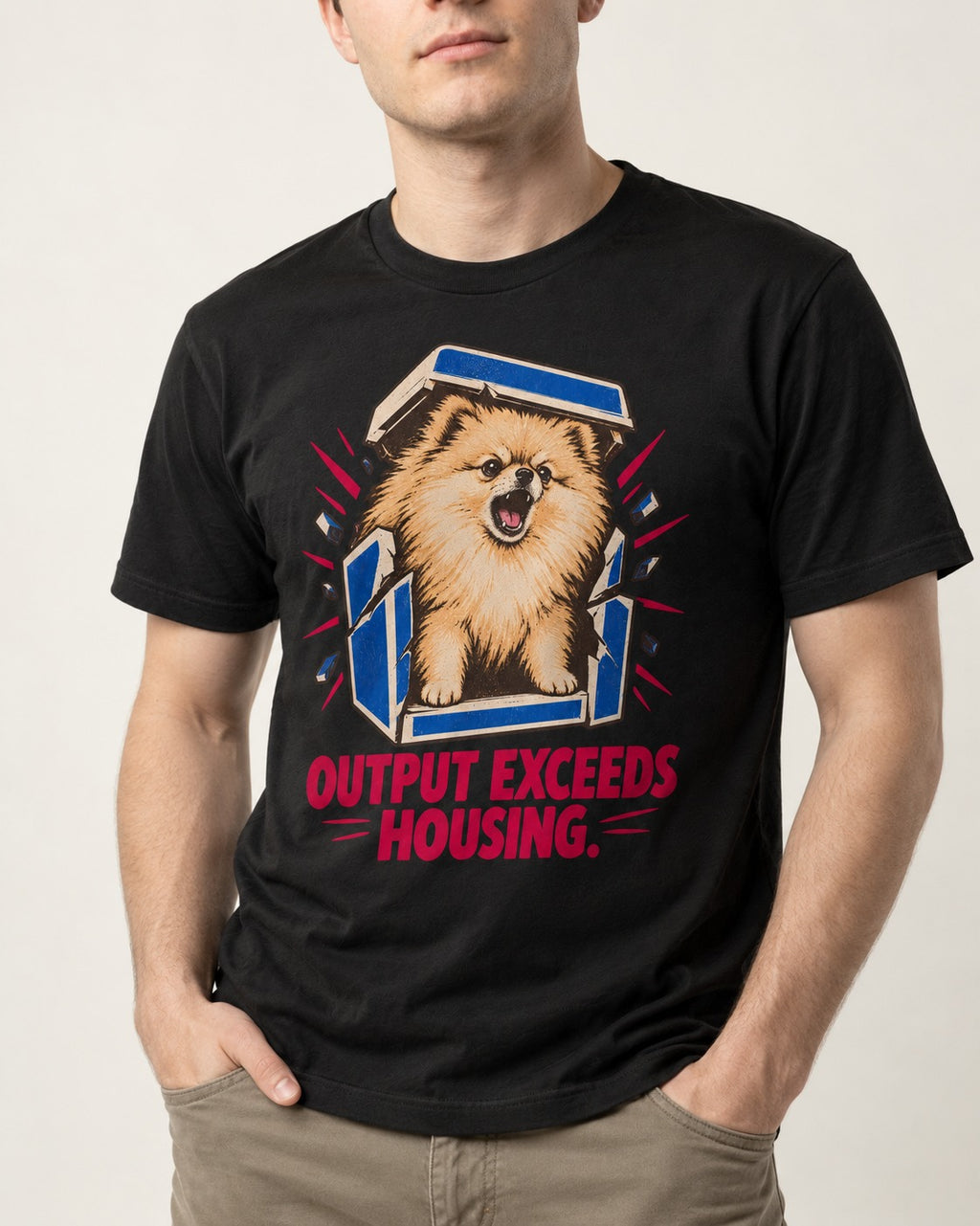Pomeranian Output Exceeds Housing Bark Compression Graphic T-Shirt in Black, worn by a model, front view