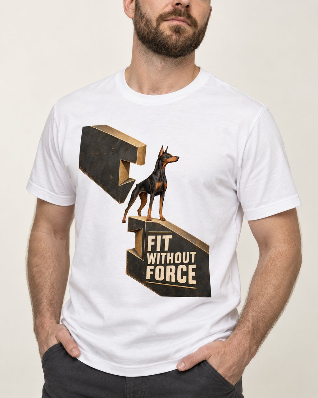 Doberman Fit Without Force T-Shirt in White, worn by a model, front view