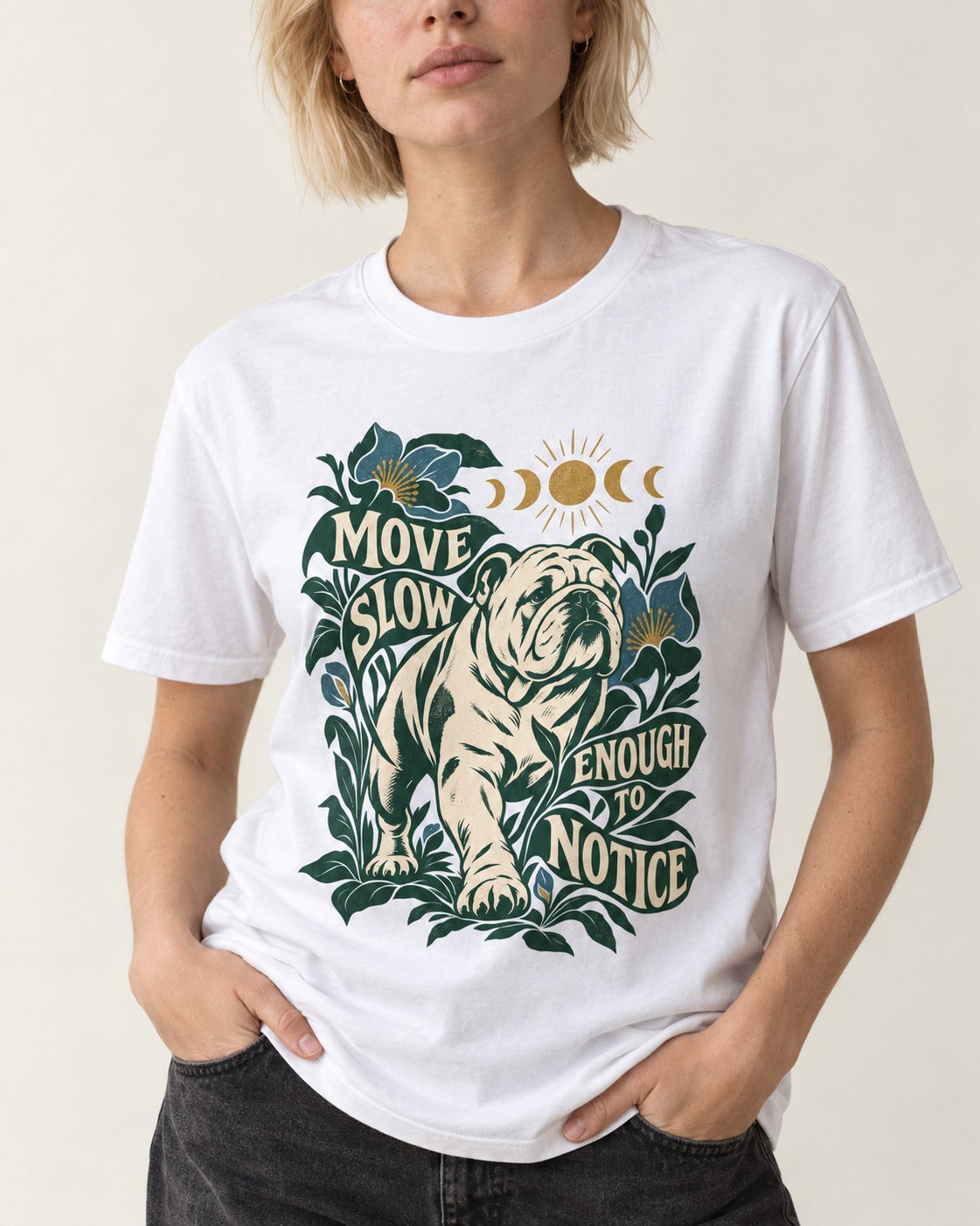 Move Slow English Bulldog T-Shirt in White, worn by a model, front view