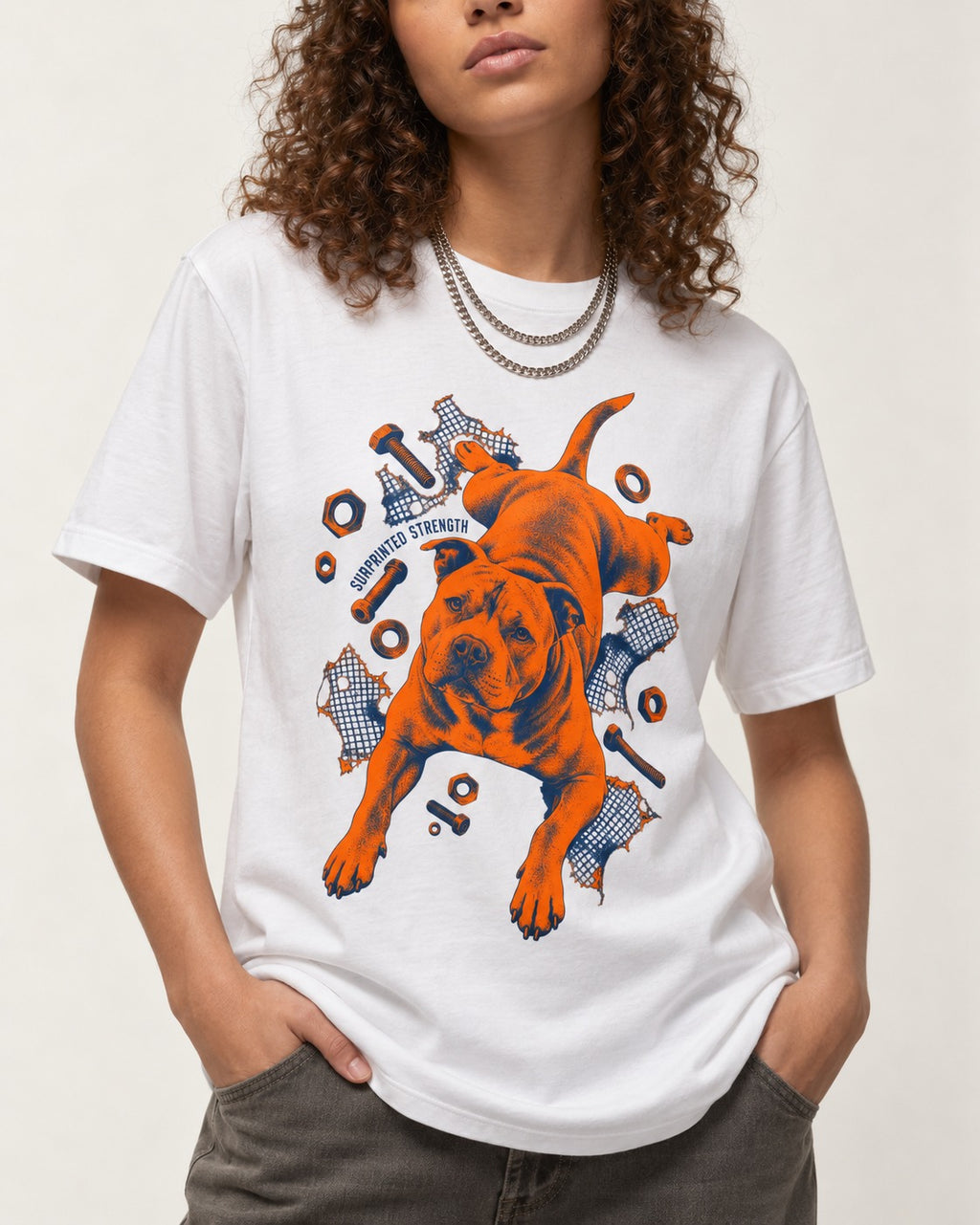 Pitbull Strength T-Shirt in White, worn by a model, front view