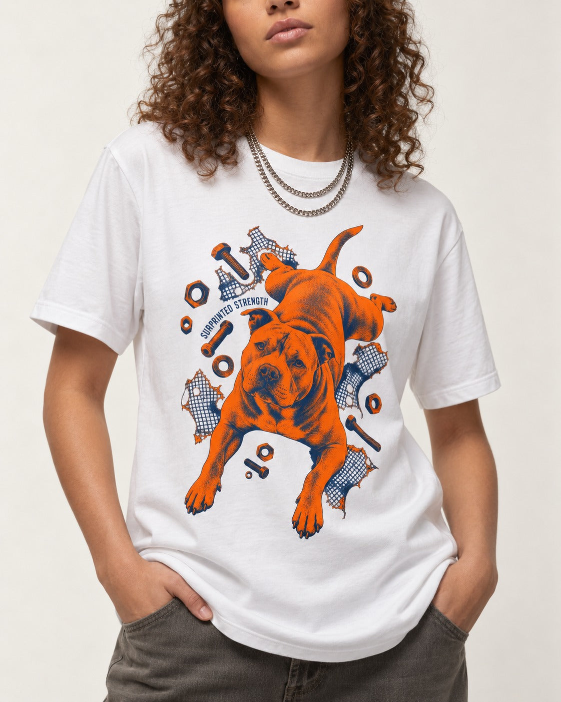 Pitbull Strength T-Shirt in White, worn by a model, front view