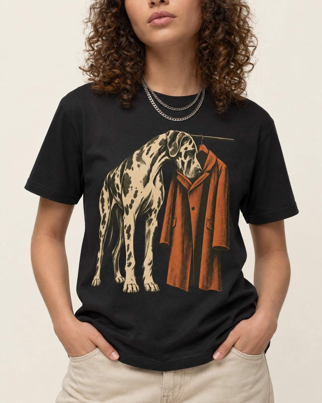 Great Dane Harlequin Coat Rack Overcoat Graphic T-Shirt in Black, worn by a model, front view