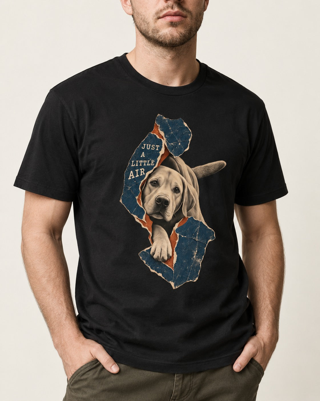Labrador Retriever Just a Little Air Torn Paper Graphic T-Shirt in Black, worn by a model, front view