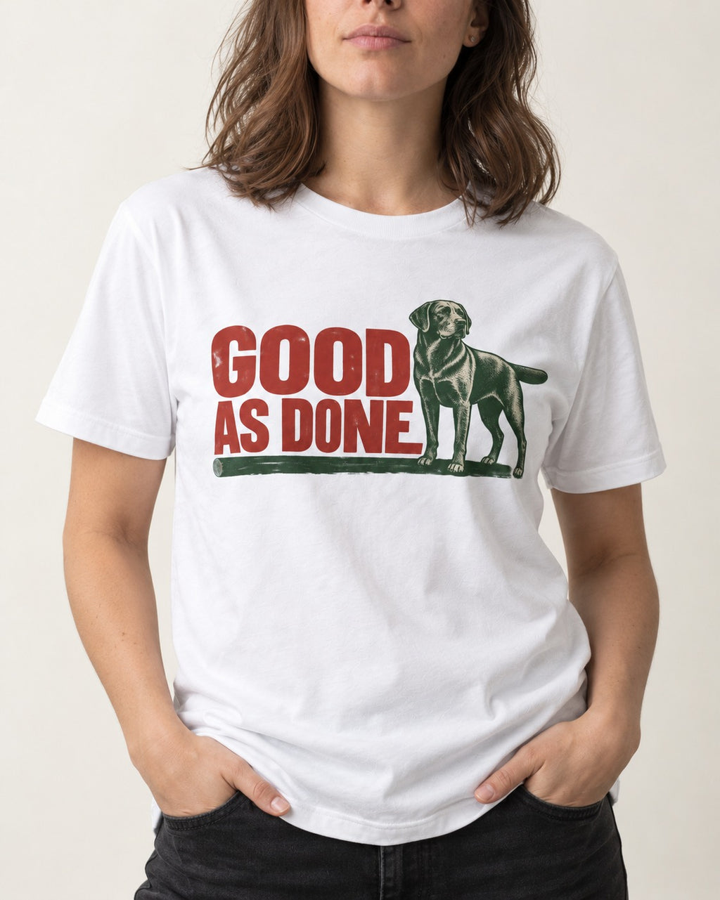 Good as Done Labrador Retriever T-Shirt in White, worn by a model, front view