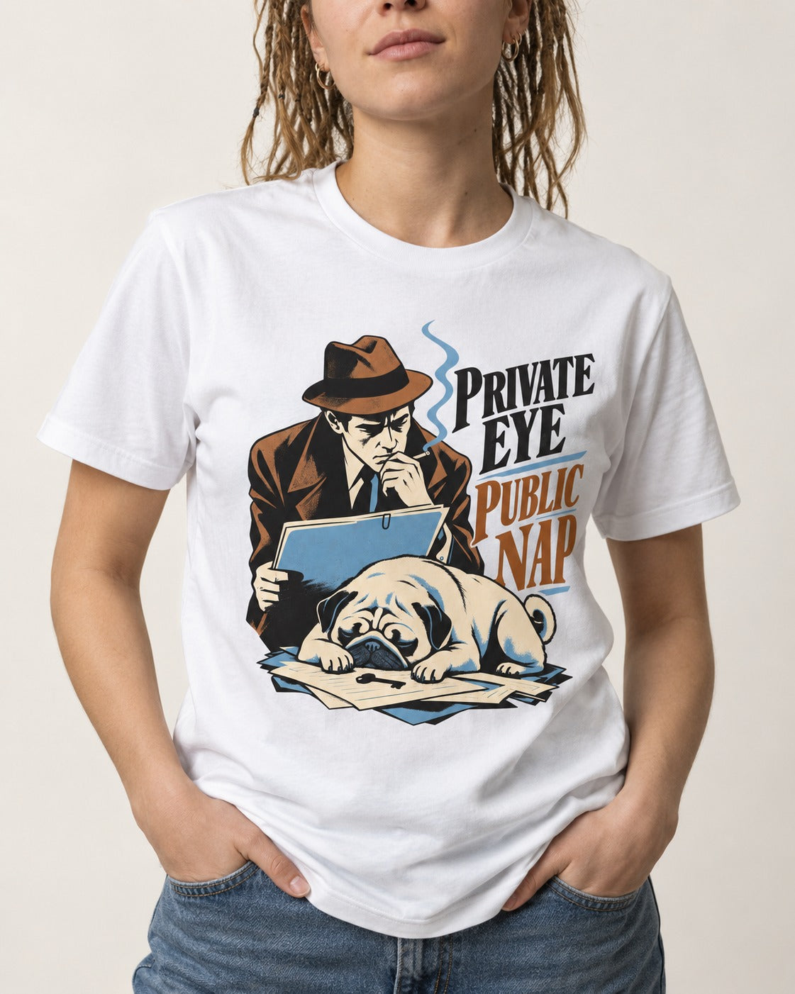 Pug Private Eye Public Nap T-Shirt in White, worn by a model, front view