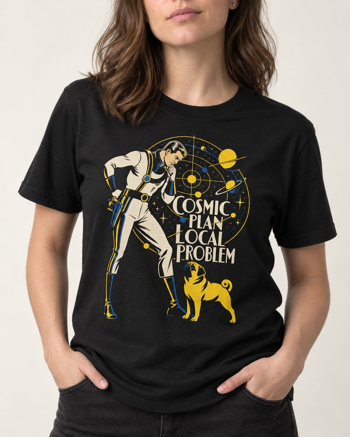 Pug Cosmic Plan Local Problem Astronaut Graphic T-Shirt in Black, worn by a model, front view