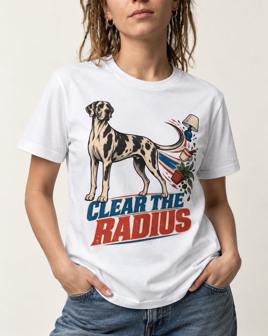 Great Dane Clear the Radius T-Shirt in White, worn by a model, front view