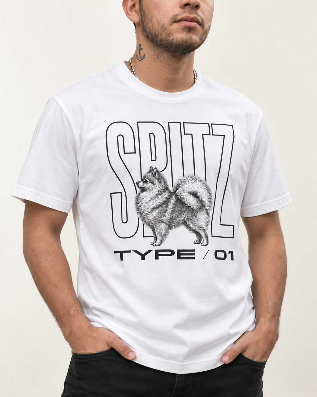 Pomeranian Spitz T-Shirt in White, worn by a model, front view